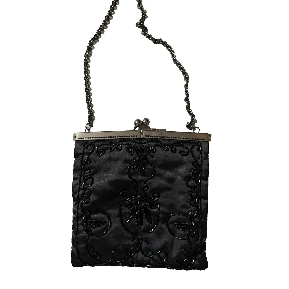 Parisian‎ Signature Vintage Black Beaded Evening Purse with Chain Strap
